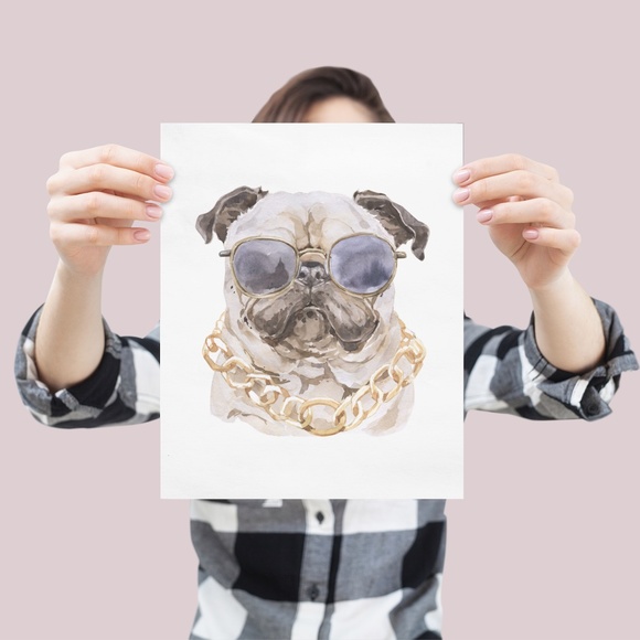 Watercolor Pug Pet Dog With Sunglasses Wall Art Illustration Print Poster Card U - Picture 3 of 7